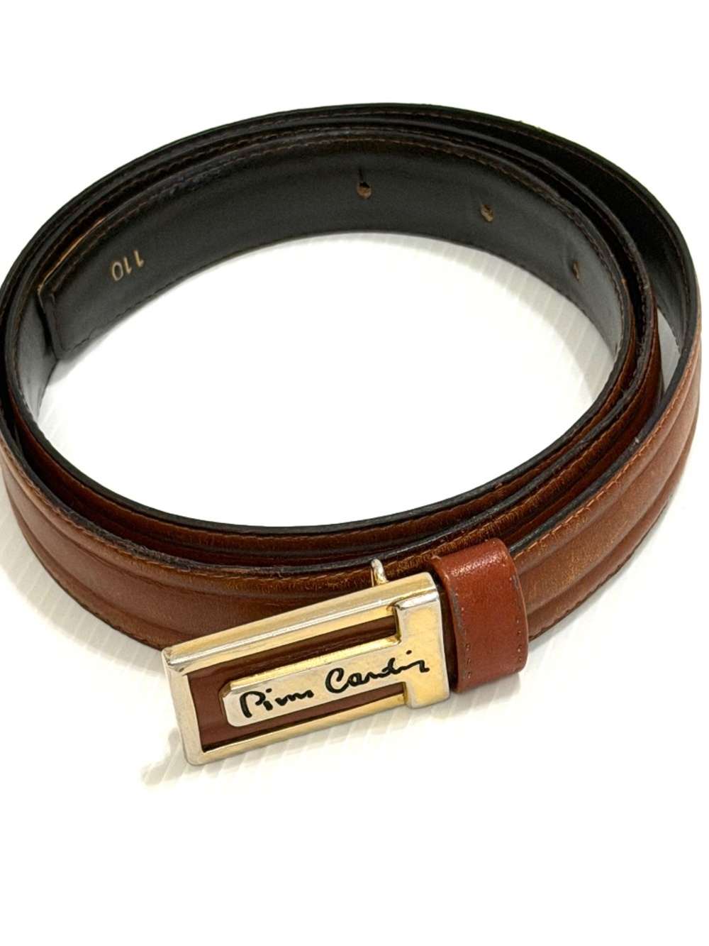 Vintage Pierre Cardin Paris Brown Leather Belt Two-Tone Logo Buckle Size 110/44